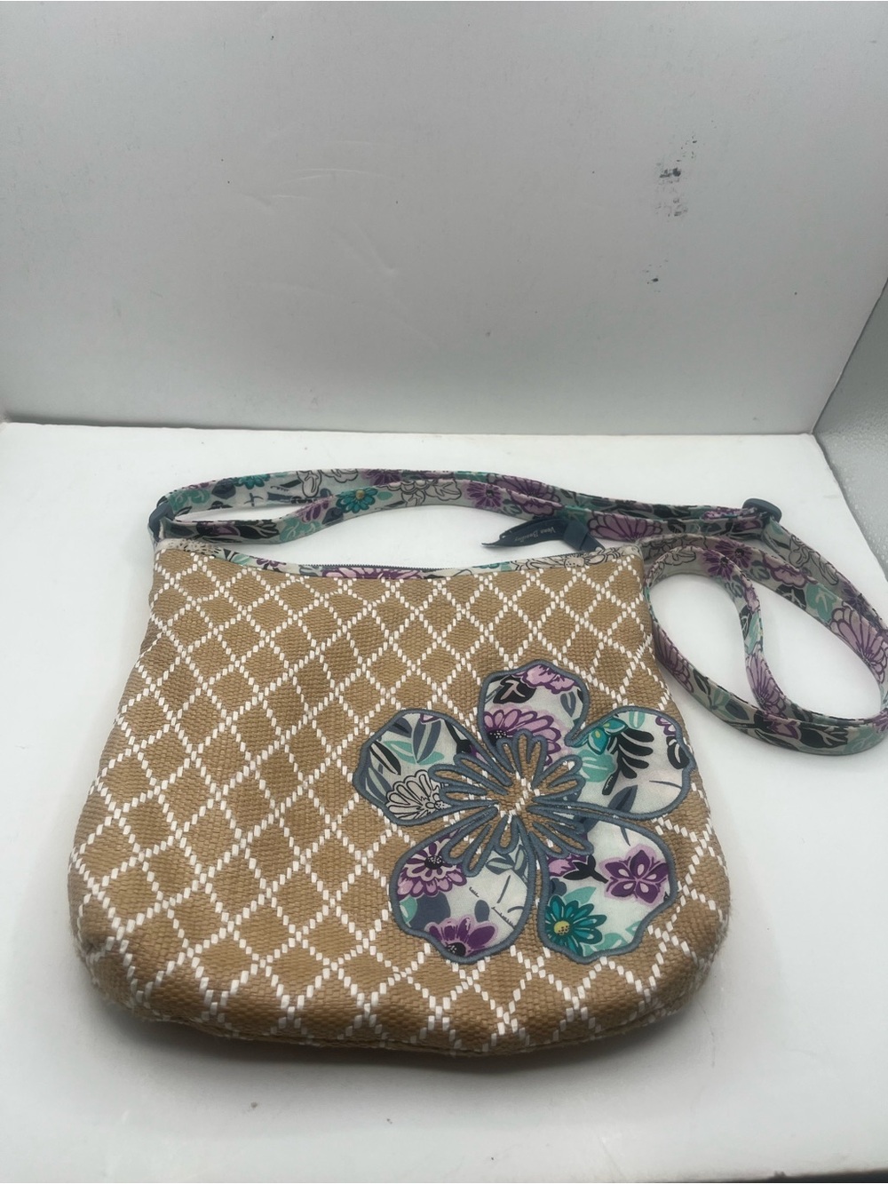 Vera Bradley Floral Appliqué Crossbody Bag in Tan and Purple